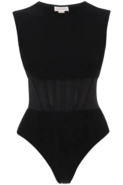 Shop Alexander Mcqueen Sleek Hybrid Bodysuit For Women In Black
