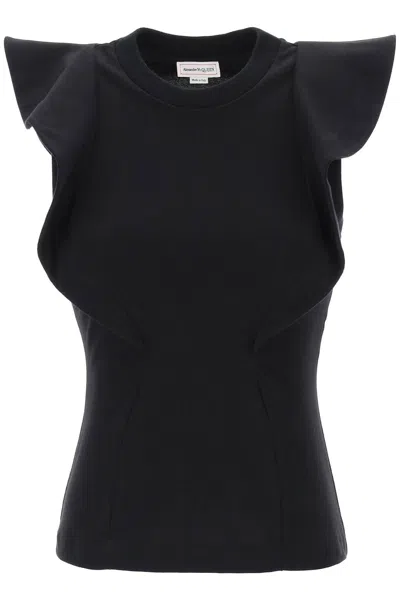Shop Alexander Mcqueen Sleeveless T-shirt With Ruffles And Flap Details For Women In Black
