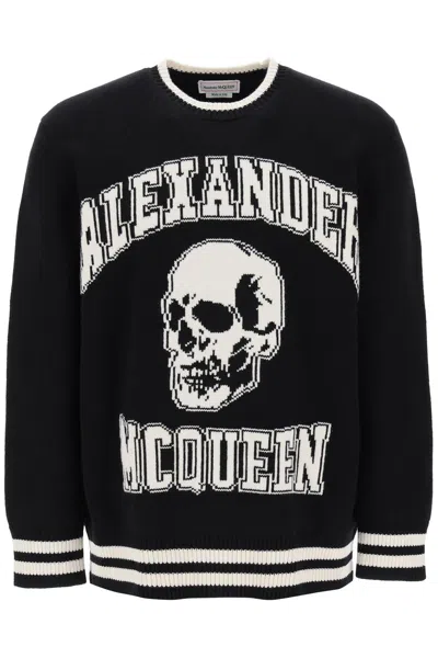 Shop Alexander Mcqueen Versatile And Edgy: Black Varsity Sweater With Skull Motif For Men