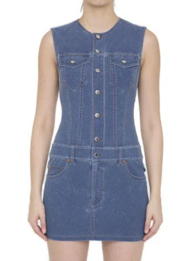 Shop Alexander Wang Navy Denim Mini Dress With Front Button Closure And Flap Pockets In Blue