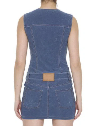 Shop Alexander Wang Navy Denim Mini Dress With Front Button Closure And Flap Pockets In Blue