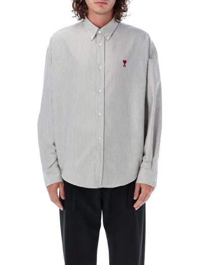 Shop Ami Alexandre Mattiussi Men's White And Black Striped Shirt With Embroidered Logo And Buttoned Cuffs In White_light_blu
