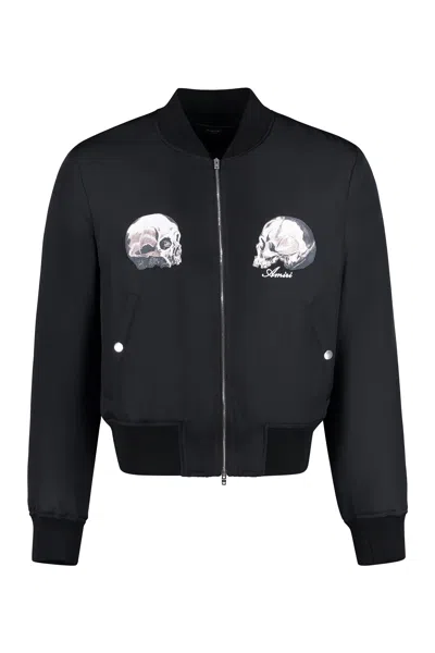 Shop Amiri Black Silk Bomber Jacket With Dual Skull Print