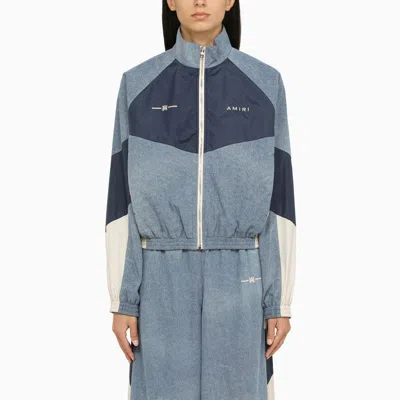 Shop Amiri Blue Denim Jacket With Contrasting Inserts And High Collar For Women