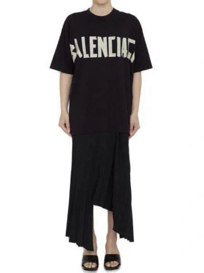 Shop Balenciaga Black Short-sleeved Cotton Dress With Tape Logo And T-shirt Hem