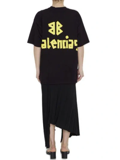 Shop Balenciaga Black Short-sleeved Cotton Dress With Tape Logo And T-shirt Hem