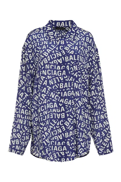 Shop Balenciaga Blue Printed Silk Pajama Blouse For Women
