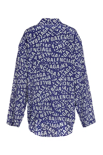 Shop Balenciaga Blue Printed Silk Pajama Blouse For Women