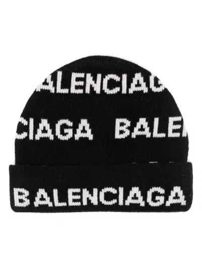 Shop Balenciaga Women's Intarsia Logo Wool Blend Beanie In Black For Ss24