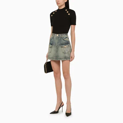Shop Balmain Blue Washed-out Denim Miniskirt For Women