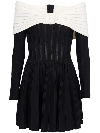 Shop Balmain Black Off-shoulder Knit Dress With Two-tone Colorblock And Pleated Skirt