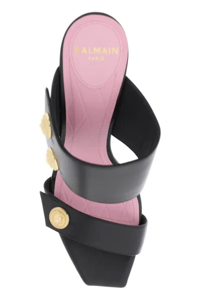 Shop Balmain Black Double Strap Sandals With Lion Head Buttons