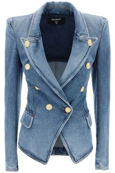 Shop Balmain Blue Denim Jacket With Eight Buttons