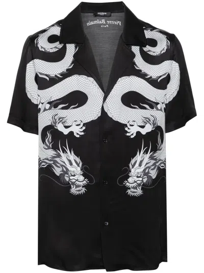 Shop Balmain Dragon Print Short Sleeve Shirt For Men In Black
