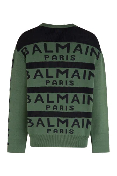 Shop Balmain Green Crew-neck Wool-blend Sweater For Men