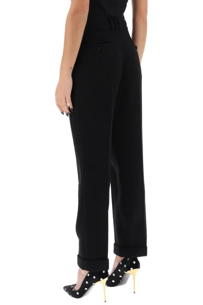 Shop Balmain High-waisted Wool Crepe Cuffed Trousers For Women In Black