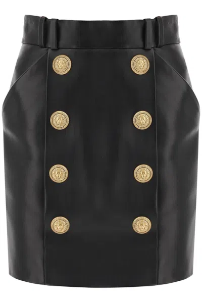 Shop Balmain Luxurious Leather Mini Skirt With Lion-head Buttons In Black