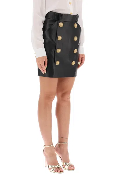 Shop Balmain Luxurious Leather Mini Skirt With Lion-head Buttons In Black