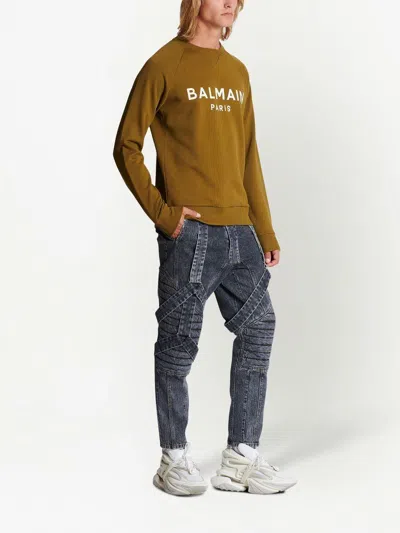 Shop Balmain Men's Khaki And White Graphic Print Sweatshirt For Ss23 In Black