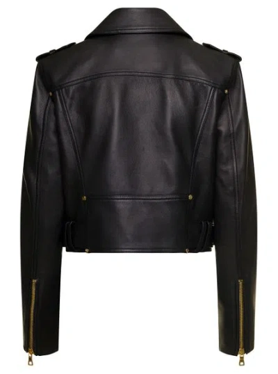 Shop Balmain Minimalistic Cropped Leather Biker Jacket For Women In Noir