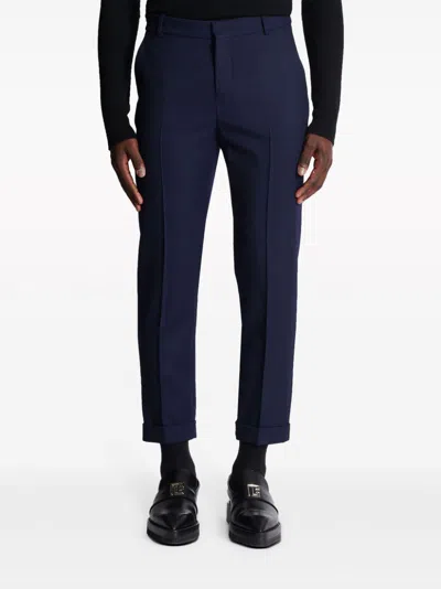 Shop Balmain Navy Blue-blue Twill Virgin Wool Tailored Trousers For Men In Turquoise