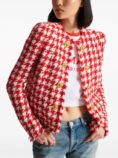 Shop Balmain Red Houndstooth Tweed Jacket For Women