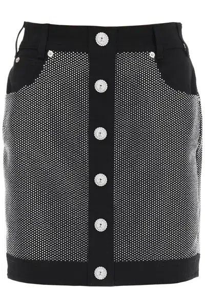 Shop Balmain Studded Denim Mini Skirt | Rhinestone Detail, High Waist, Fitted Style In Black