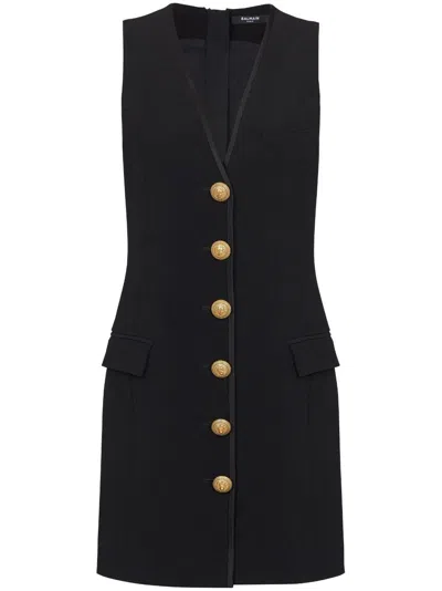 Shop Balmain V-neck Buttoned Crepe Short Dress In Black