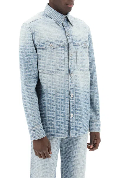 Shop Balmain Vintage-washed Overshirt With Jacquard Monogram Pattern In Light Blue