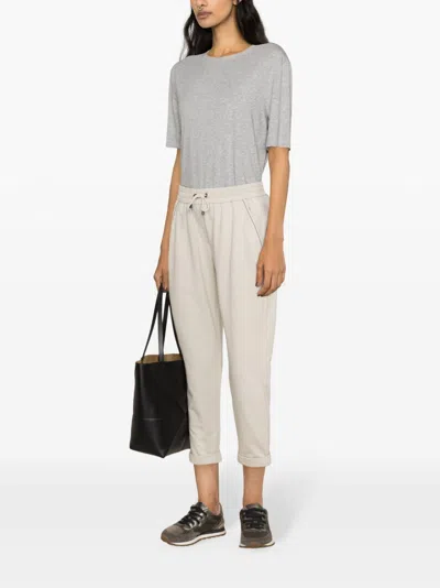 Shop Brunello Cucinelli Beige Joggers With Stretch-cotton Material And Elegant Bead Detailing For Women
