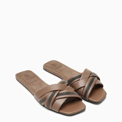 Shop Brunello Cucinelli Brown Leather Criss-crossed Slide Sandals For Women By  In Beige