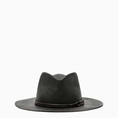 Shop Brunello Cucinelli Black Straw Fedora Hat With Leather And Beaded Headband For Women