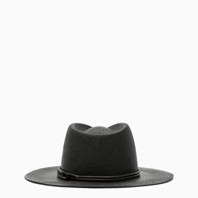Shop Brunello Cucinelli Black Straw Fedora Hat With Leather And Beaded Headband For Women