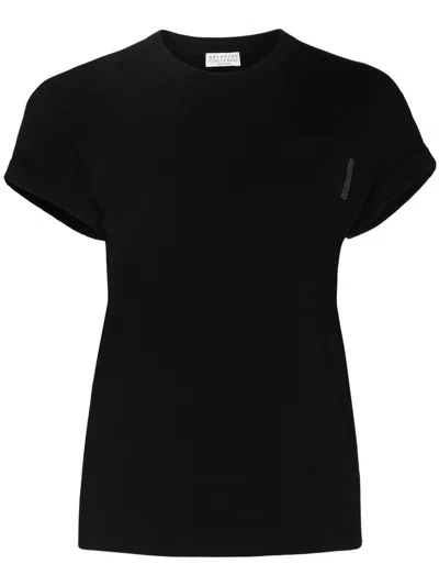 Shop Brunello Cucinelli Brass-embellished Black Cotton T-shirt