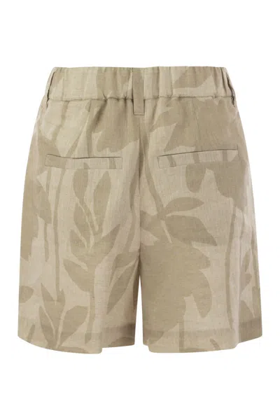 Shop Brunello Cucinelli Gathered Waist Shorts In Linen With Ramage Print For Women In Beige