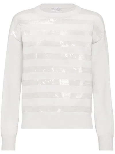 Shop Brunello Cucinelli Ivory White Sequin Embellished Cashmere Striped Sweater For Women