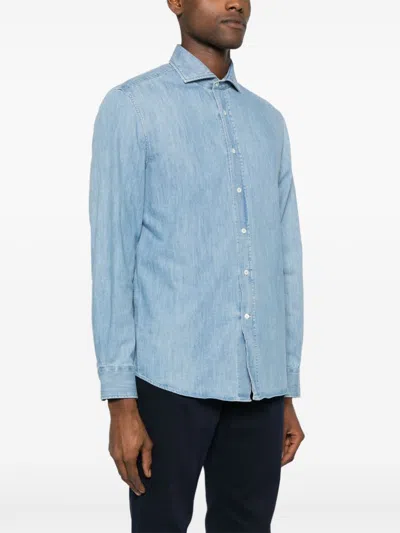 Shop Brunello Cucinelli Light Blue Cotton Denim Spread Collar Shirt For Men