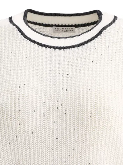 Shop Brunello Cucinelli White Linen Sweater With Sequins For Women