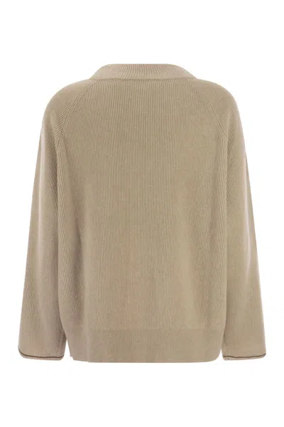 Shop Brunello Cucinelli Luxurious Cashmere Sweater With Feminine Details For Women In Sand