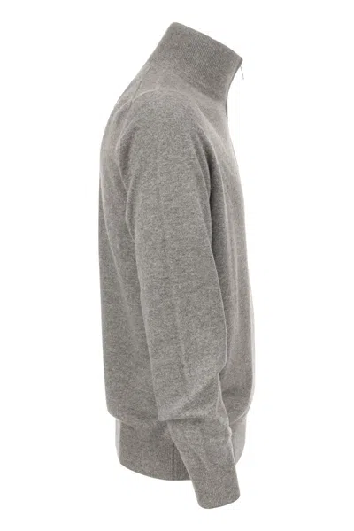 Shop Brunello Cucinelli Luxurious Cashmere Turtleneck Sweater With Zip In Grey Melange
