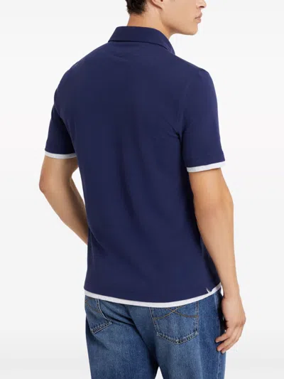 Shop Brunello Cucinelli Men's Navy Blue Cotton Double Layer Polo Shirt