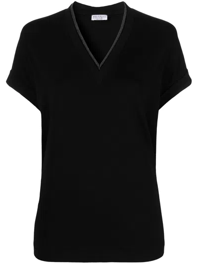 Shop Brunello Cucinelli Stylish V-neck Cotton Top With Metallic Detail For Women In Black