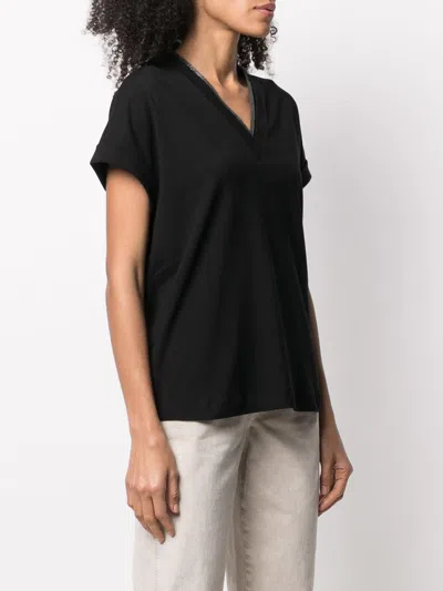 Shop Brunello Cucinelli Stylish V-neck Cotton Top With Metallic Detail For Women In Black