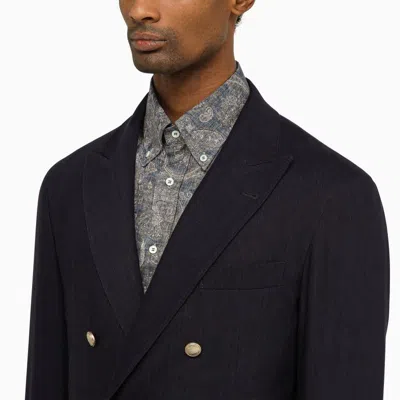 Shop Brunello Cucinelli Navy Blue Linen And Wool Double-breasted Jacket For Men