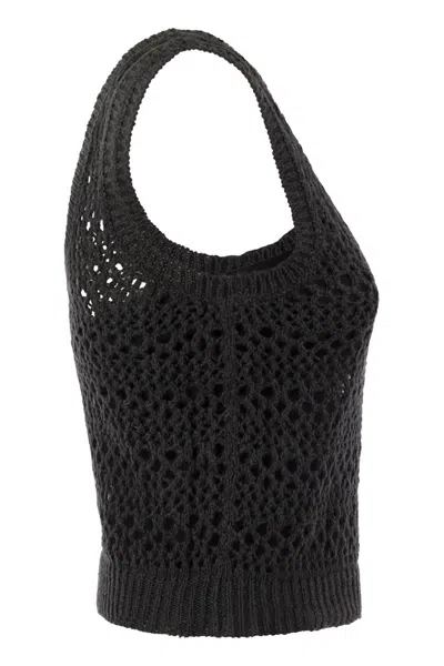Shop Brunello Cucinelli Linen And Silk Net Knit Top In Anthracite