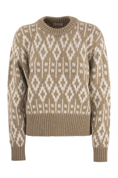 Shop Brunello Cucinelli Nordic-inspired Jacquard Cashmere Sweater With Feather Sequins For Women In Beige