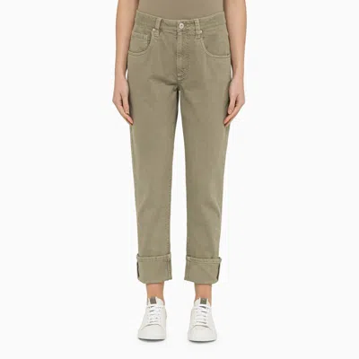 Shop Brunello Cucinelli Safari Green Regular Cotton Trousers For Women