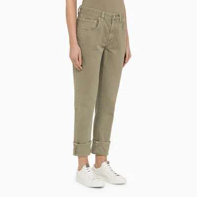 Shop Brunello Cucinelli Safari Green Regular Cotton Trousers For Women