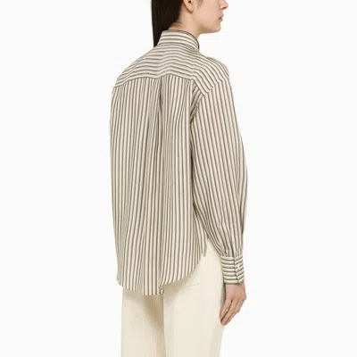 Shop Brunello Cucinelli Striped Silk Shirt With Beaded Collar And Patch Pockets In Grey