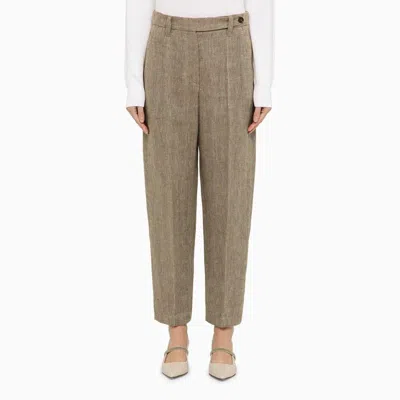 Shop Brunello Cucinelli Tobacco-coloured Linen Trousers For Women In Grey